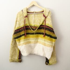 FREE PEOPLE | Alpaca Blend Knit Hooded Sweater Cream Lime Stitched Edge | Medium